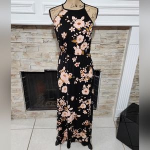 French Grey‎ super soft black and blush pink floral maxi dress size SP petite